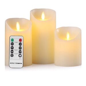 Set of 3 LED Flameless Pillar Candles with Remote - Ivory
